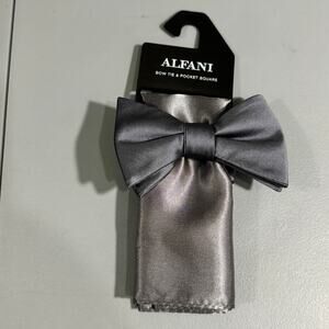 Alfani Mens Bow Tie‎ and Pocket Square Gray New